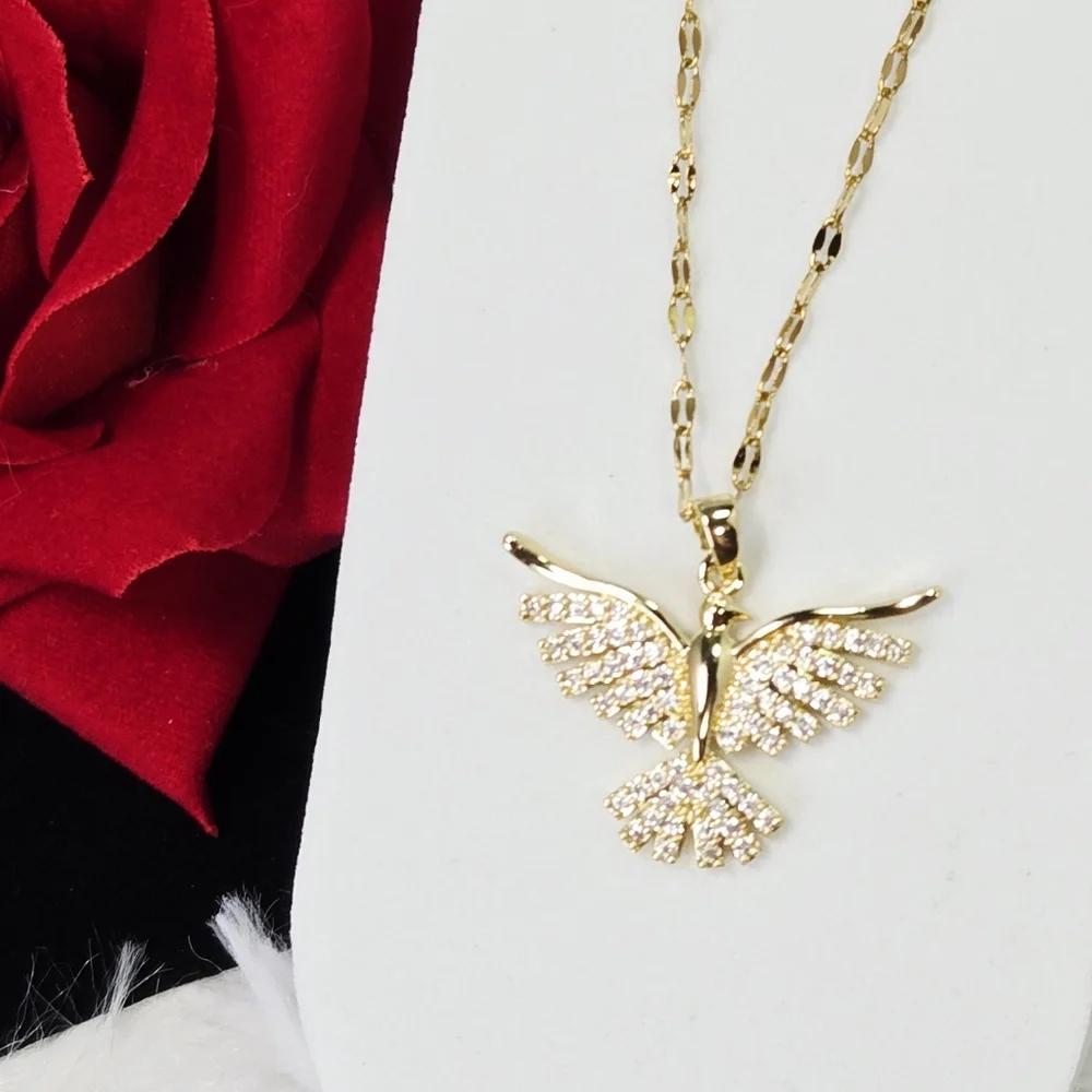 Gold Rhinestone Phoenix Necklace CZ Firebird Pendant Symbolic Energy Bird Gift